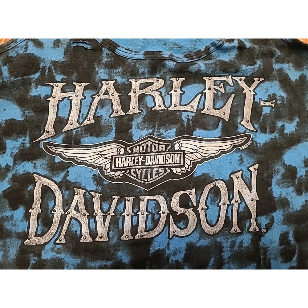 2013 Y2K Harley Davidson Women's Small Skull‎ Print Blue Studded Tank Top - Picture 3 of 7